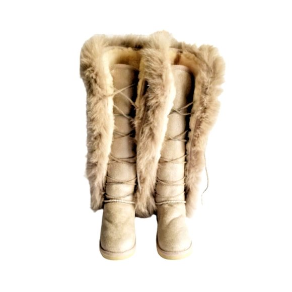 MOU Tall Winter Boots Stone Metallic Sheepskin Fur Trim Lace Up Sz 36 XS US 5 - Picture 4 of 13